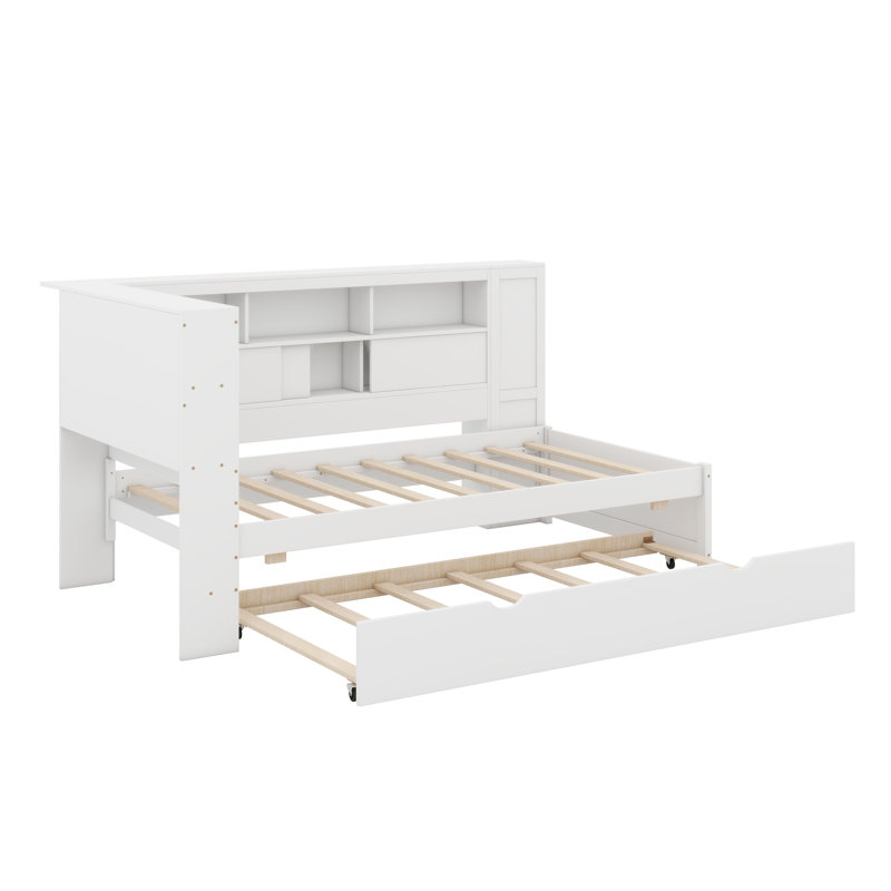 Lit de jour en bois avec tablettes de rangement, USB et lit gigogne, Blanc