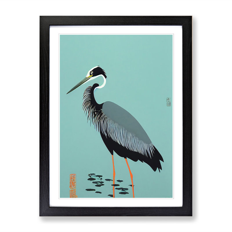 Toppino Heron Bird Japanese - Picture Frame Print, 64cm H x 46cm W x 2cm D, Black