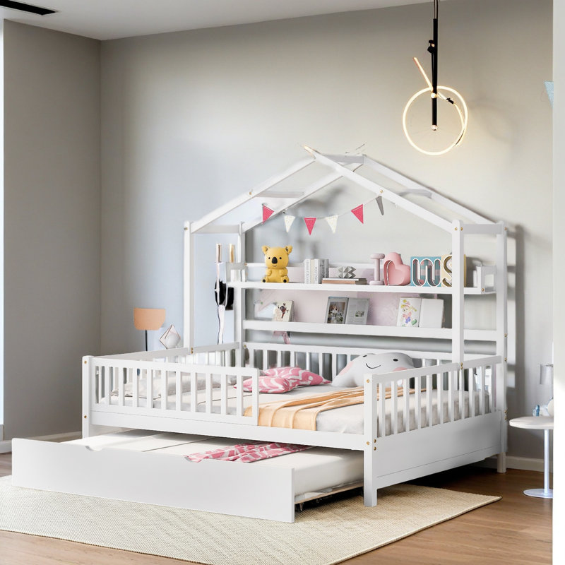 Lit en bois avec lit gigogne simple, Lit double, White