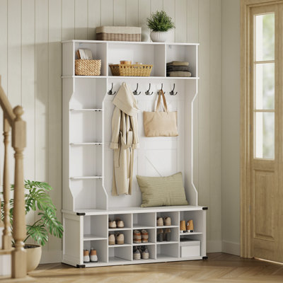 Hall Tree 51.2'' Wide with Bench and Shoe Storage, Adjustable Shelves