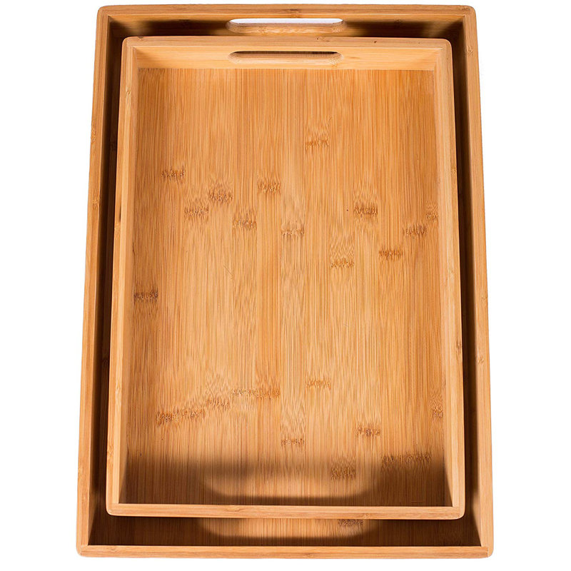 Natural Bamboo Wood Nesting Serving Trays with Handles, Set of 2