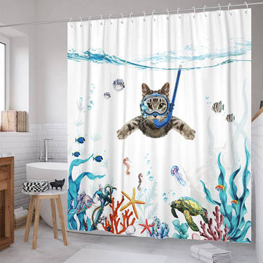 Shower Curtain Watercolor Tropical Koi Fish Anchor Polyester Machine  Washable Modern Farmhouse Decorative Bathroom Including C-Shaped Curtain  Hooks