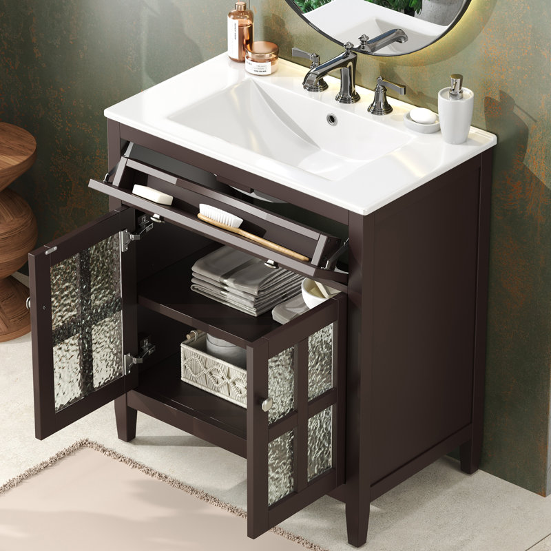Meuble-lavabo autoportant de 30 po avec plateau en céramique, Marron foncé