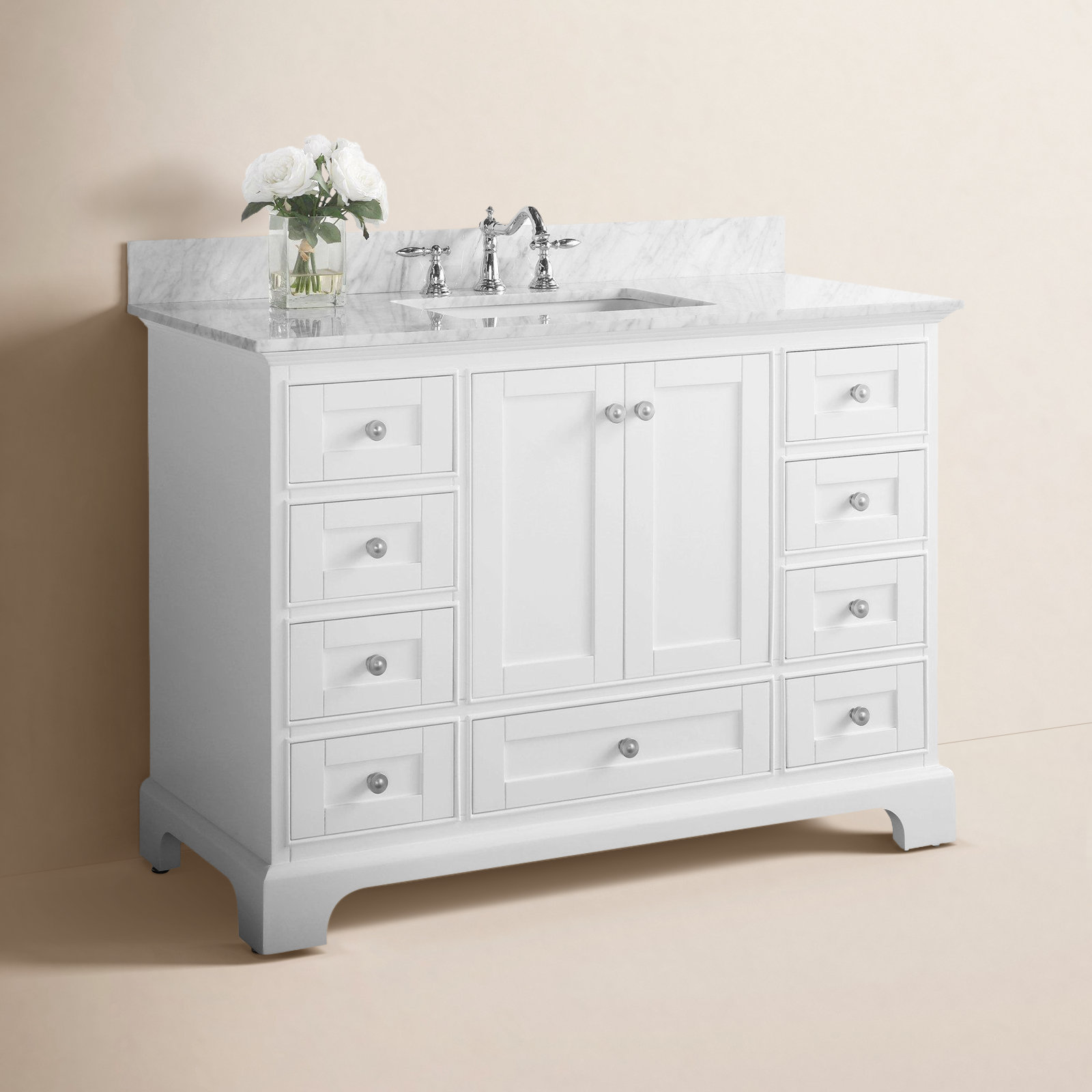 Varna 48'' Single Bathroom Vanity, White/Brushed Nickel, Carrara White Marble