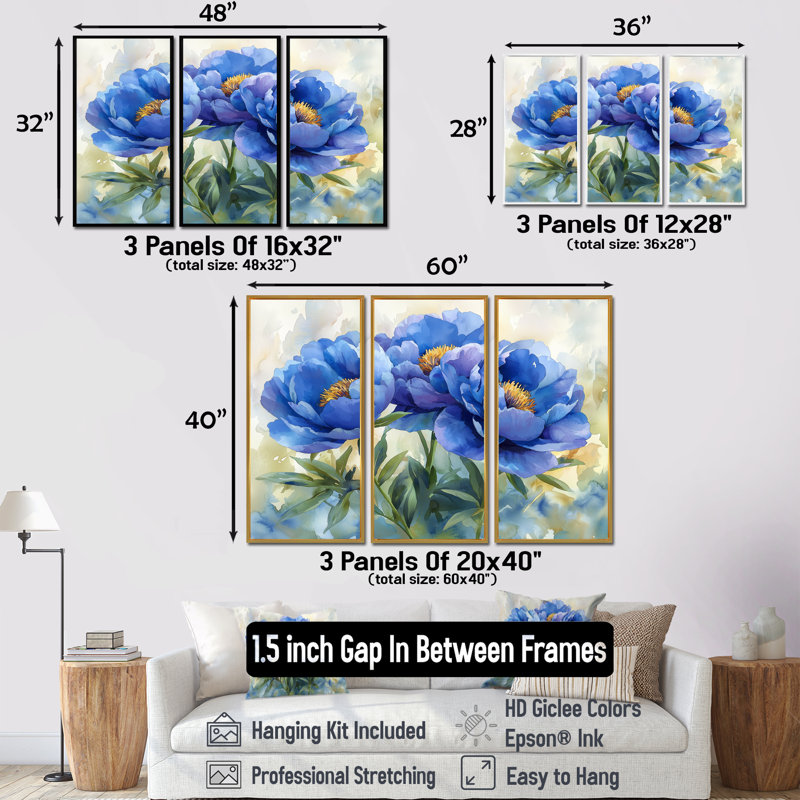 Pivoines bleues dans la prairie II - décorations murales pivoines - 3 pièces, H 40 po x l 60 po, Doré