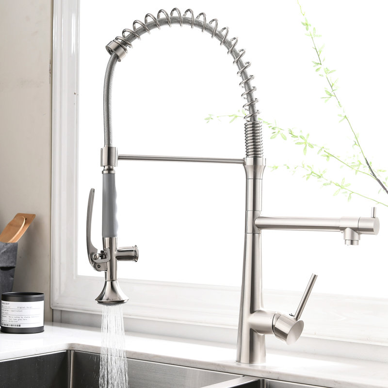 Spot Brushed Nickel Kitchen Faucet With Commercial Style And Pre-Rinse Spring High Arc Single Handle Ceramic Disk Filler In Finish