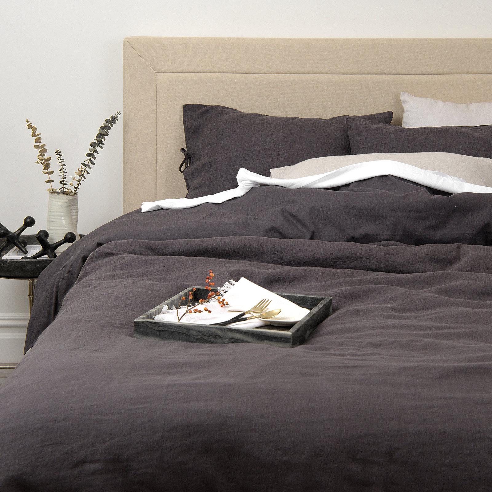 Ginesta Cotton Duvet Cover Set, King Duvet Cover + 2 King Shams, Dark Gray