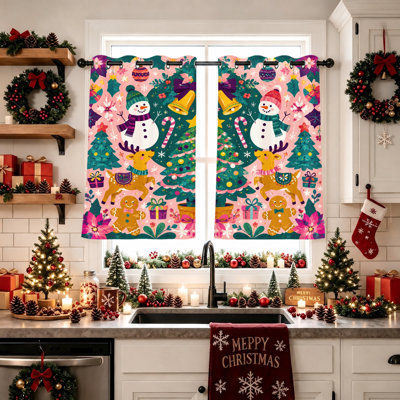 2 pièces rideaux occultant imprimé de cerf de Noël bonhomme de neige, panneaux de fenêtre décoratifs festifs d'hiver pour chambre à coucher salon décor à la maison