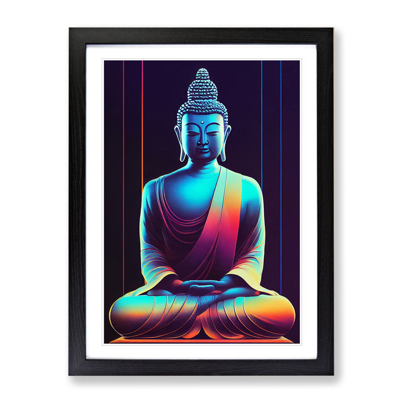 Buddha In Neon - Single Picture Frame Print, Black, 64cm H x 46cm W x 2cm D