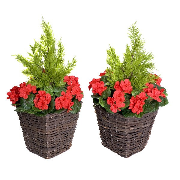 2x Artificial Rattan Patio Planters with Geraniums and Cedar Topiary, Red