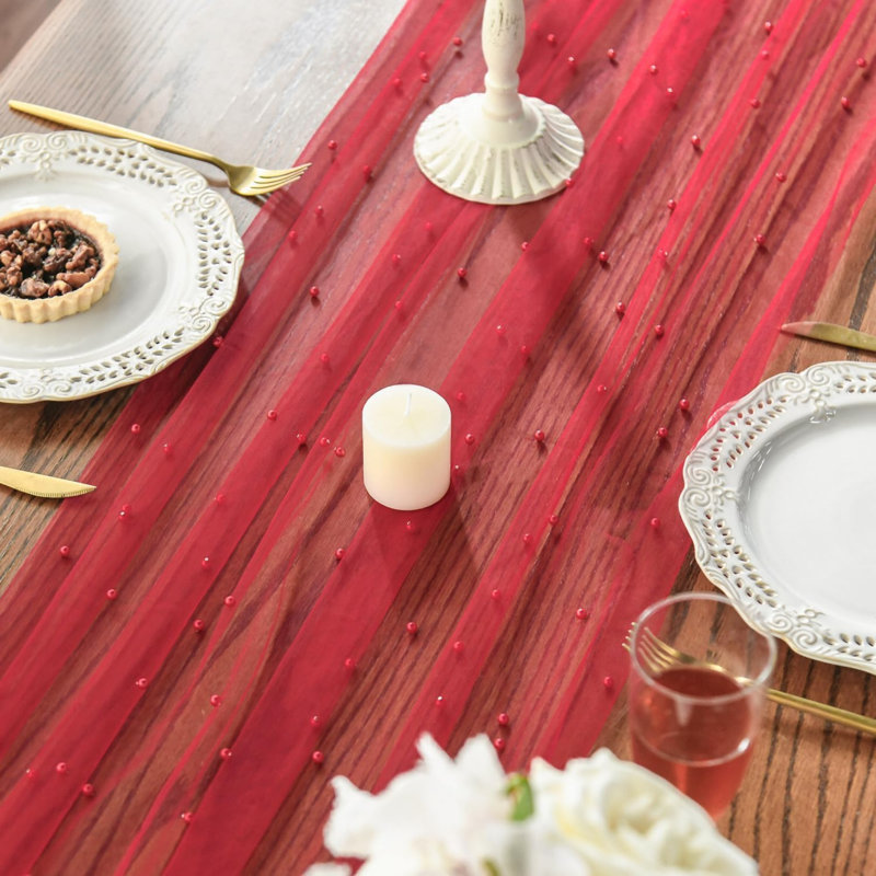 Gauze Pearl Autumn Table Runner 70 x 300 cm | Seasonal Fall Sheer Chiffon Cheesecloth Dining Holiday Birthday Wedding Table Decor for Home Party
