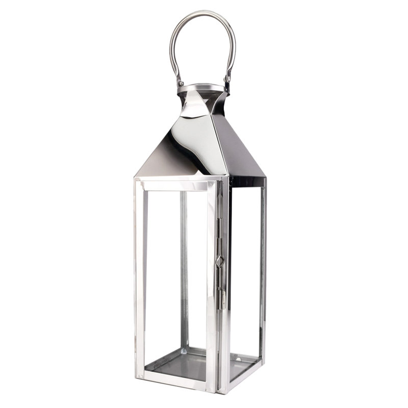 Lanterne de table en acier inoxydable, Argent, H 16,50 po x l 6 po x P 6 po