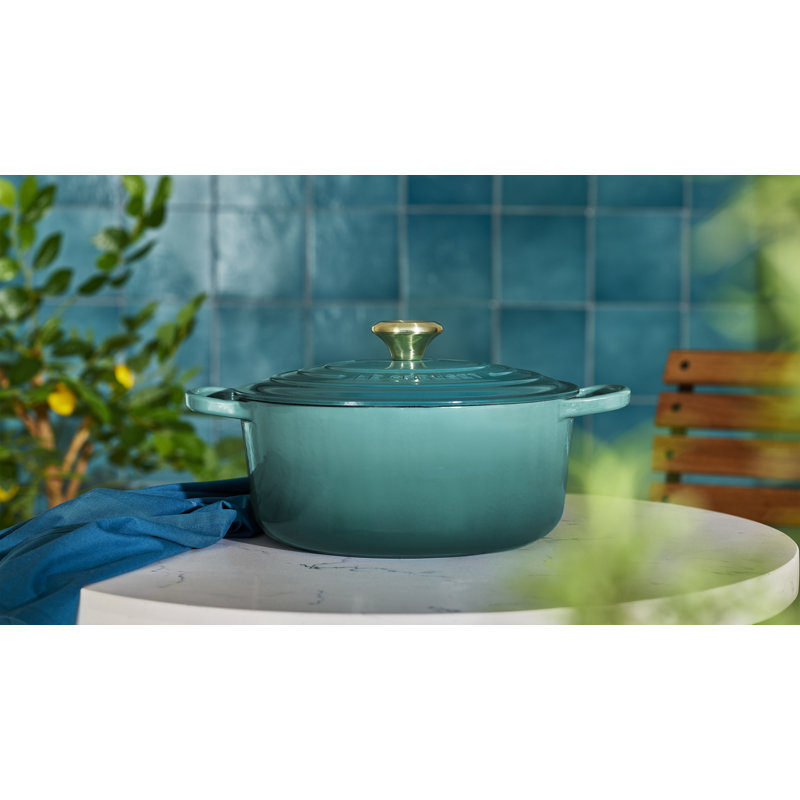 Le Creuset Signature Enaneled Cast Iron Deep Round Dutch Oven 6.5 Qt., Oyster, Peche, 6.5 quarts