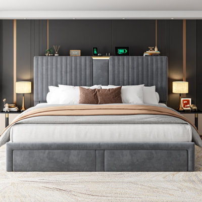 Upholstered Bed Frame With 51"H Storage Velvet Headboard, 2 Drawers And 3 Charging Ports
