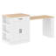 Console d'îlot extensible avec tiroirs, armoire à deux portes et tablettes ouvertes. Sert de table de salle à manger, de bar pour le petit-déjeuner temporaire et de salon de thé l'après-midi, blanc