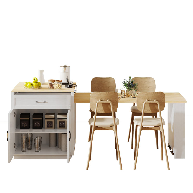 82.7 Inch Kitchen Island With Extendable Dining Table For 4-6 Person,Two-Tone Kitchen Table With Double-Sized Storage, Power Outlet, Kitchen Island With Storage 2 Drawers 2 Side Open Shelves,White