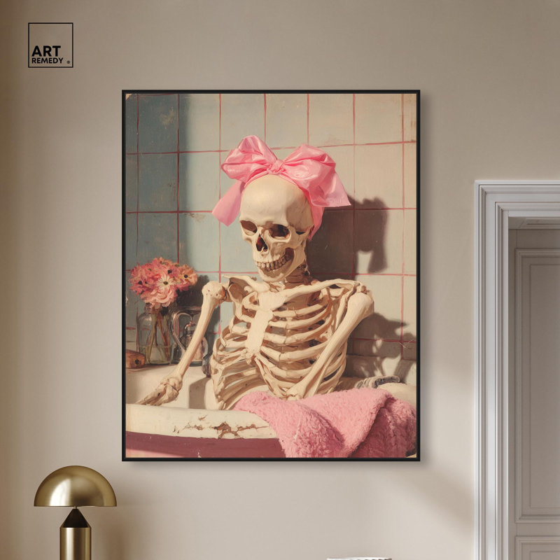 «Bathtime Skeleton», reproduction d'Halloween par Art Remedy, cadre noir, 36 x 45, H 46 po x l 37 po, Cadre noir