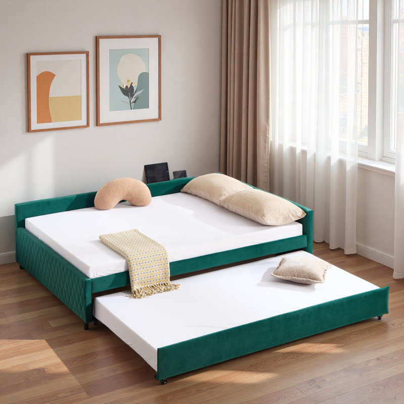 Upholstered Daybed With Trundle And Usb, Emerald