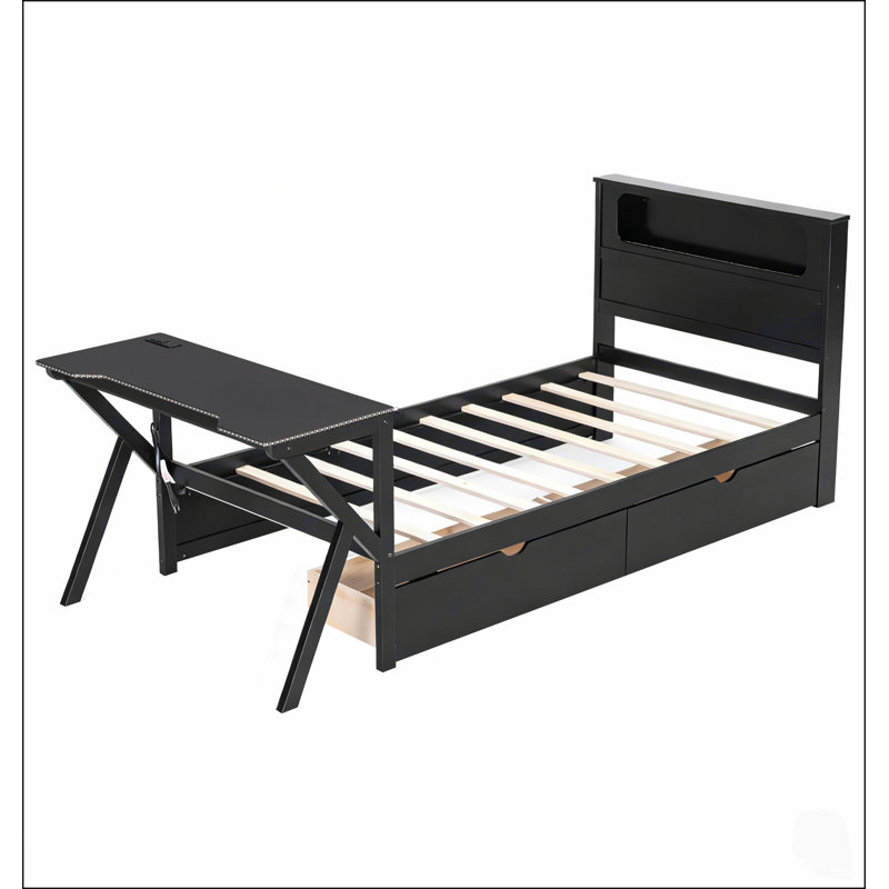Lit plateforme de jeu en bois avec tête de lit DEL, bureau DEL, ports USB et deux tiroirs de rangement pour les joueurs modernes.