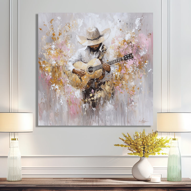 Golden And Grey Mexican Musician - People Metal Wall Decor, Musician Metal Print, 29" H x 29" W