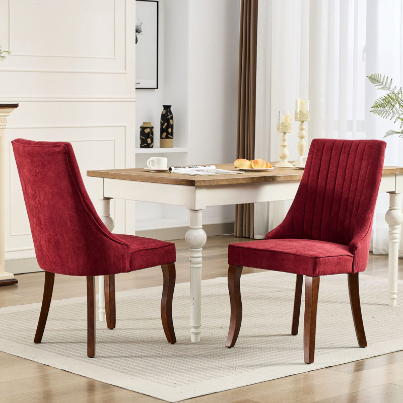 Rayon Cloth Linen Dining Chairs, Pair Of 2, Solid Wood Legs With Curve, High Rebound Sponge, Wine Red Upholstery, Long-Term Comfort