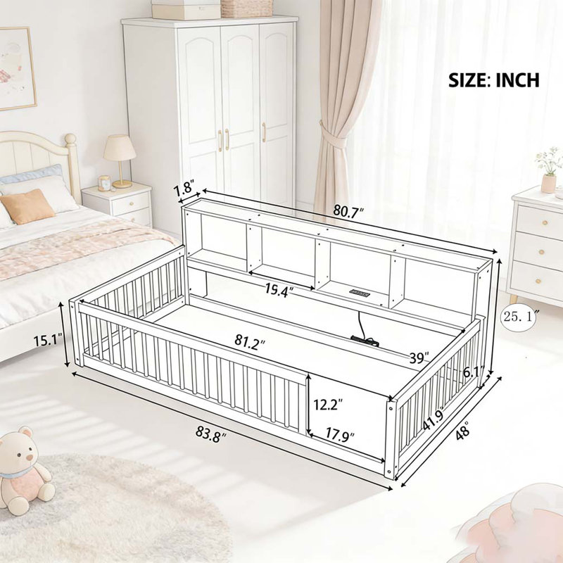 Lit en bois simple TG avec armoires de rangement et ports USB, Gris