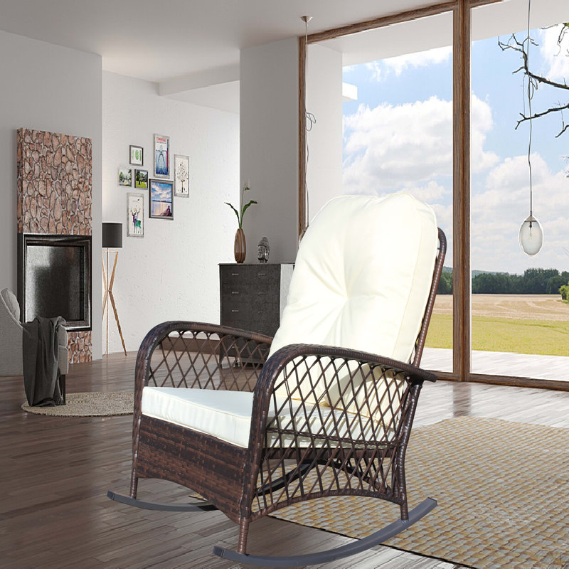 Outdoor Wicker Rocking Chair With Wide Seat, Thick, Soft Cushion, Rattan Rocker W/Steel Frame, High Weight Capacity For Patio, Garden, Backyard, Cushion