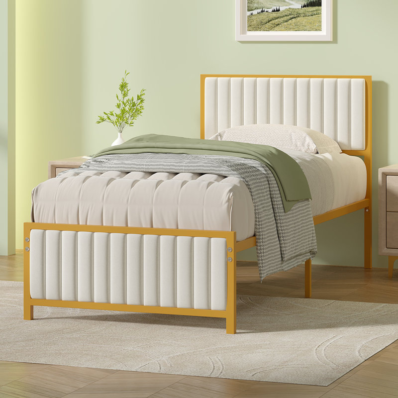 Metal Platform Bed Frame With Upholstered Headboard And Footboard, Heavy Duty Steel Slats Platform Bed, No Box Spring Needed