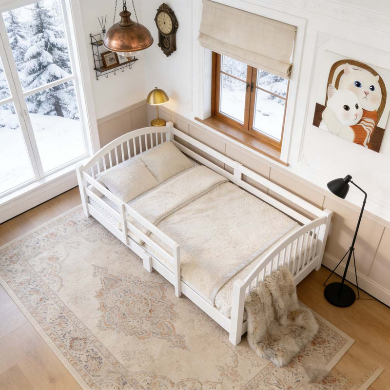 Lit simple Montessori avec lattes et barrières de sécurité,, Blanc, Lit simple