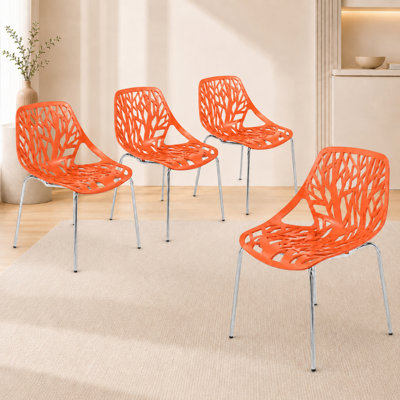 Hadda Dining Chair, Modern Polypropylene Kitchen Chair with Tree-Inspired Cutout Back, Stainless Steel Legs, Chrome Finish, Stackable Dining Room Side Chair