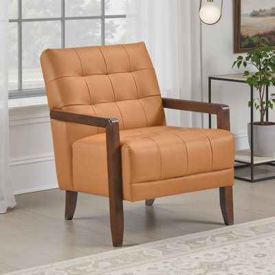 Fauteuil Lenie, cuir capitonné, bois de noyer