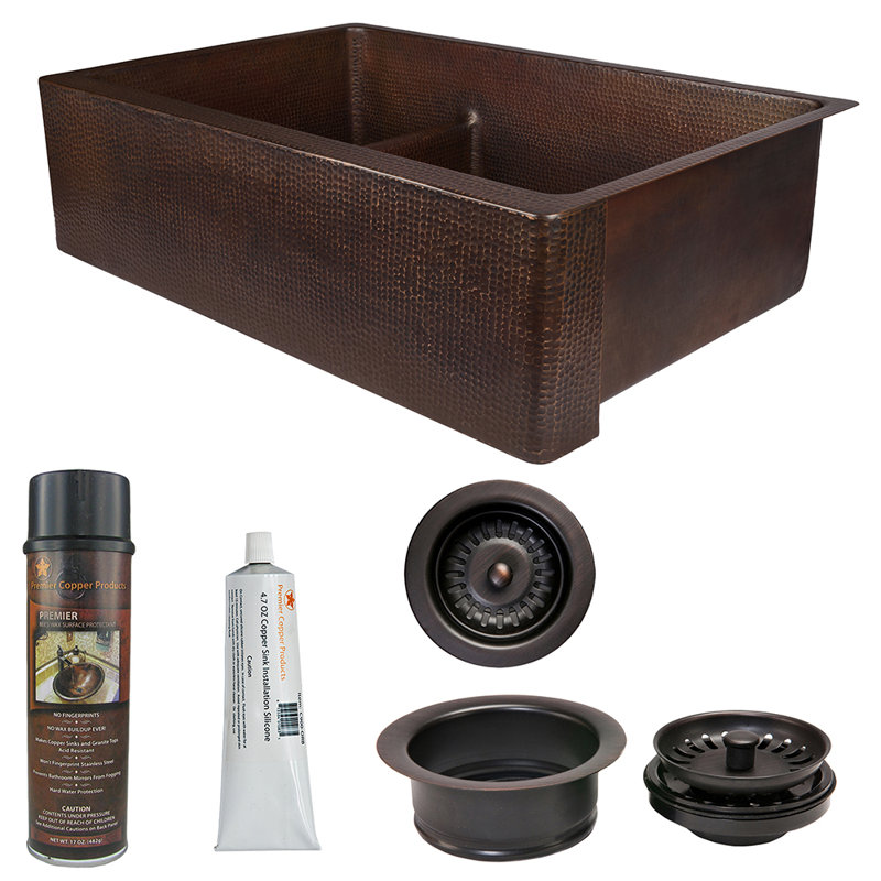 33" Hammered Copper Kitchen Apron 30/70 Double Basin Sink with Short 5" Divider w/ Matching Drains and Accessories