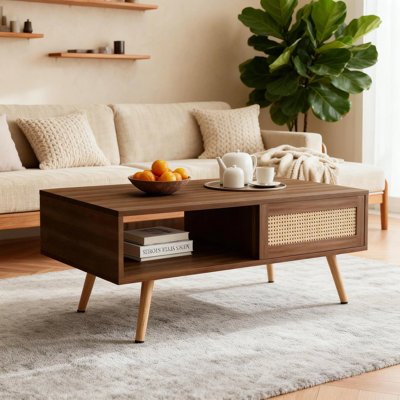 41.34" Rattan Coffee Table, Sliding Door, Solid Wood Legs, Walnut Colour
