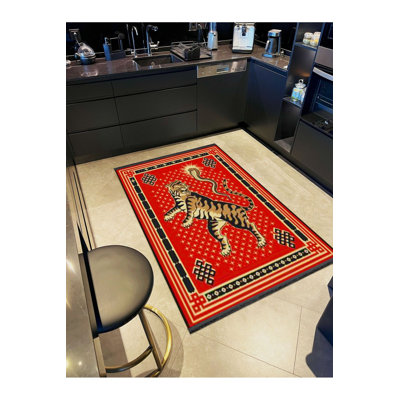 Tapis décoratif rétro tissé à la machine à motif tigre rouge
