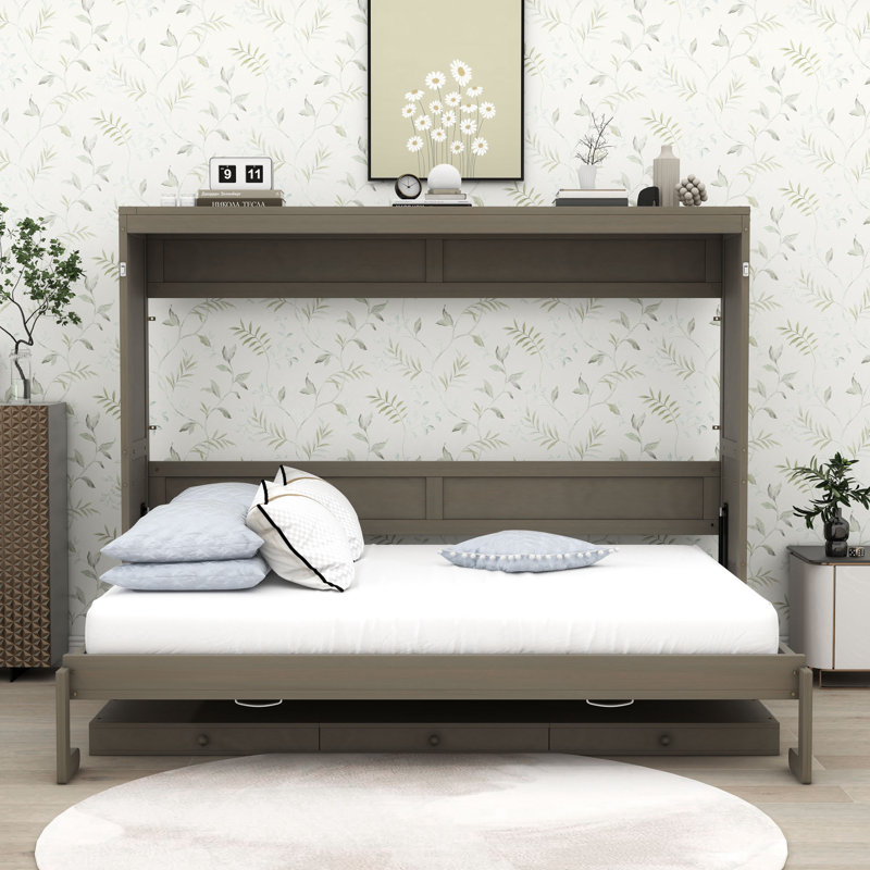Grand lit escamotable mural en bois avec bureau de coiffeuse, miroir et 2 tiroirs, Gris patiné