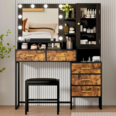 Vanity Desk with Mirror and Lights, Modern Makeup Vanity Set with Cushioned Stool & Charging Station, LED Lighted Makeup Table with Cabinet for Bedroom, Rustic Brown
