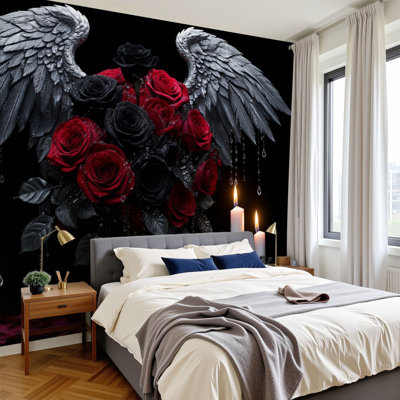 Peel and Stick Wallpaper 96" W x 69" H Modern Self Adhesive Wall Mural for Bedroom Luxury Gothic Angel Wings Black Red Roses Candles Vintage Flowers