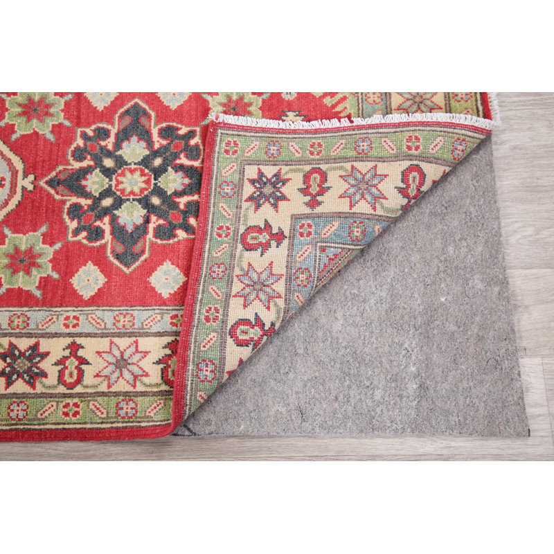 Tapis unique en laine noué à la main style Kazak rouge / beige des années 2010 de 2 pi 9 po x 4 pi Ninette