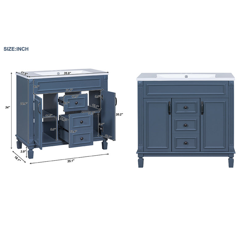 Base de meuble-lavabo simple 35,9 po seulement en bleu