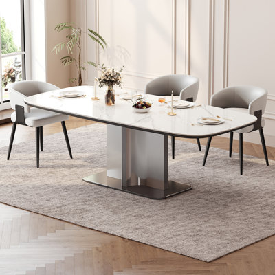55.1" Modern Sintered Stone Dining Table for 4-6, Glossy White Rectangular Kitchen Table with Wood-Reinforced Top & Metal Pedestal Base, for Small Dining Room, Apartment & Breakfast Nook