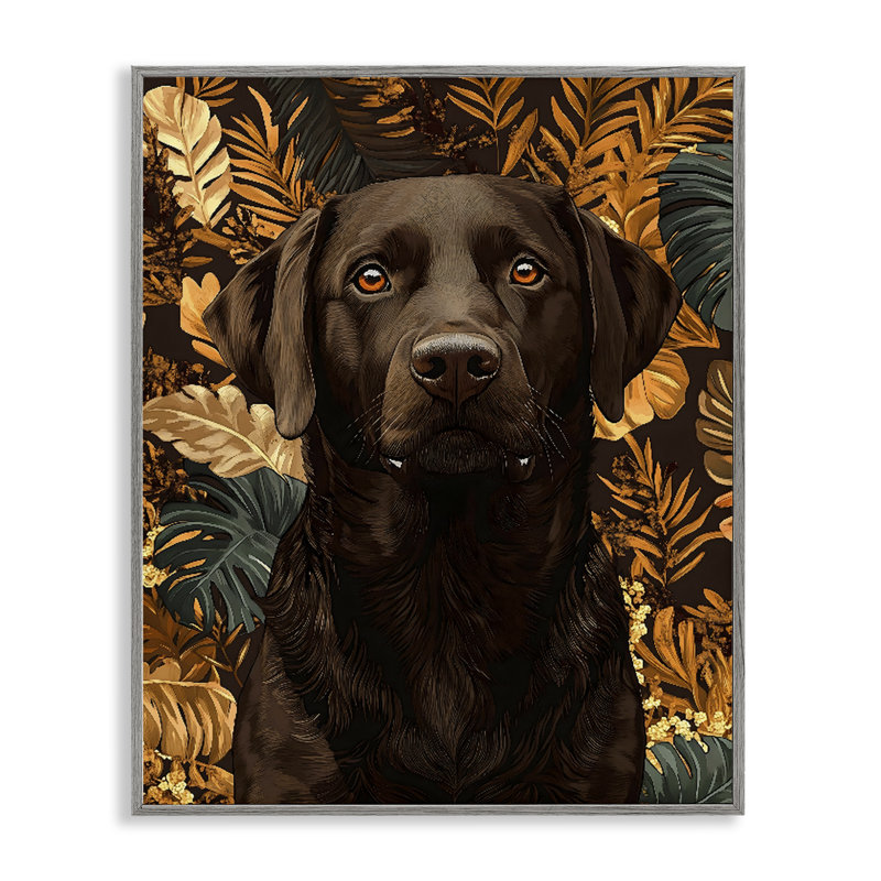 Labrador avec feuilles dorées, estampe numérique, design by Creative Studio, 14 x 11, Farmhouse Grey Giclee Framed