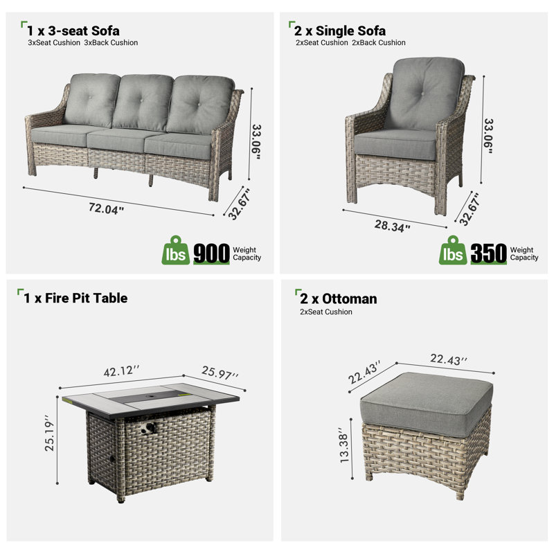 5 - Person Wicker Outdoor Conversation Set, Patio Sofa Set with Fire Pit and Cushions, Gray