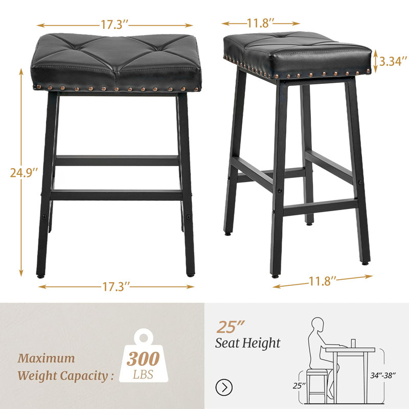 Ensemble de 2 tabourets de bar à hauteur de comptoir sans dossier avec siège en similicuir, garniture cloutée et rembourré capitonné pour îlot de cuisine, bar pour la maison