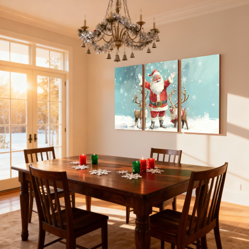 Père Noël de Noël avec renne dans un paysage enneigé, ensemble de 3 impressions sur toile, H 18 po x l 36 po