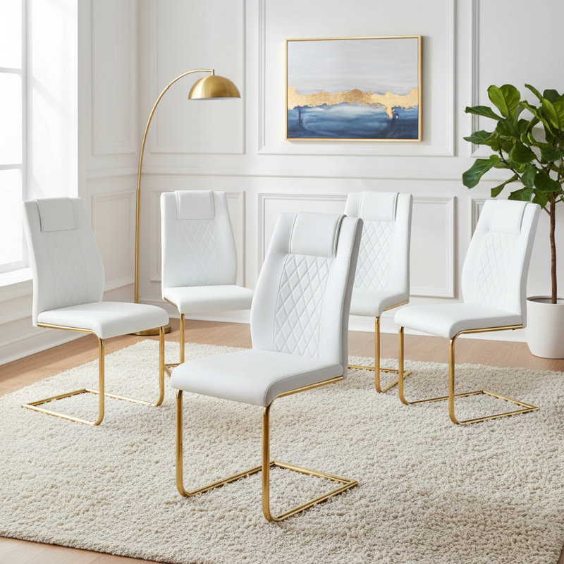 Kimara Modern Faux Leather Dining Chairs with Cantilever Metal Legs, White, Gold