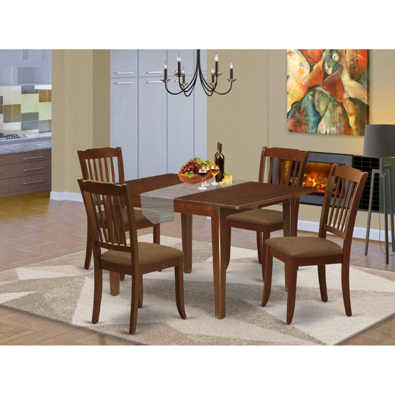 Modern Dining Table Set Contains a Rectangle Wooden Table with Butterfly Leaf and Linen Fabric Kitchen Dining Chairs, Mahogany