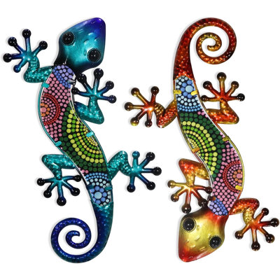 Ensemble de 2 décorations murales gecko en métal de 38 cm, lézards colorés à suspendre à l'extérieur avec verre peint à la main, pour clôture de jardin, terrasse, porche et décoration intérieure.