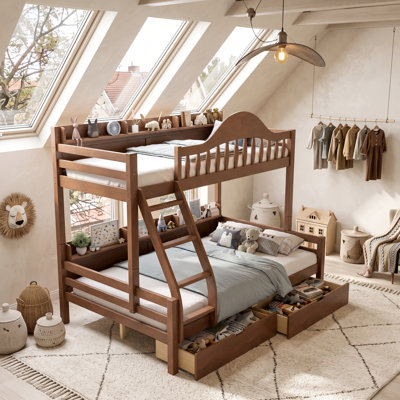 AVELOR Kids Bunk Bed with Storage Drawers & Side Shelves, Solid Wood Bunk Bed with Curved Guardrails, Fixed Ladder & Slat Support