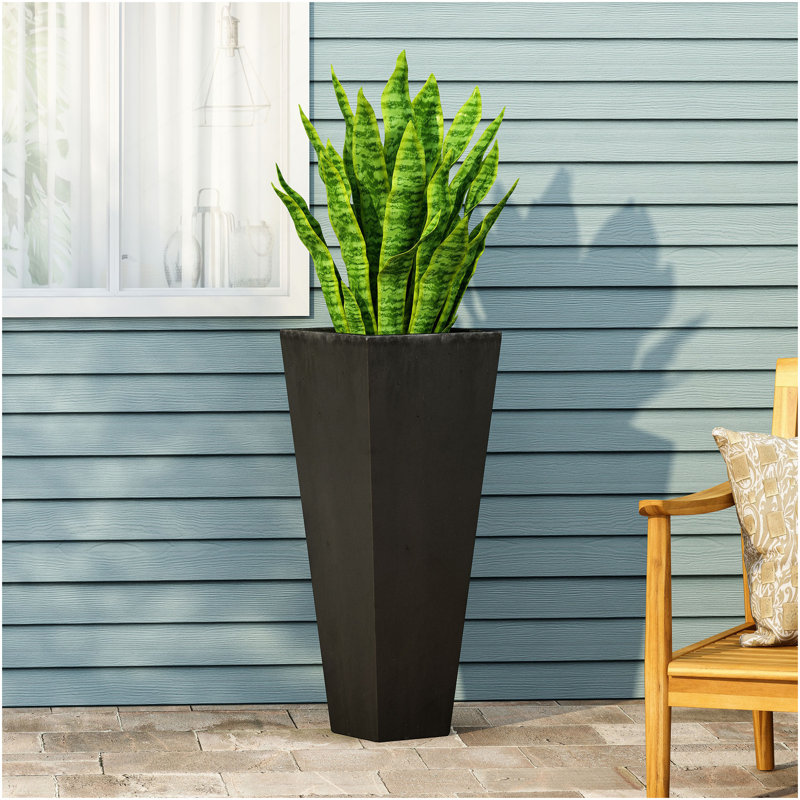 13" X 32.5" Outdoor Modern  Cast Stone Planter, Black, 32.5" H x 13" W x 13" D, Black