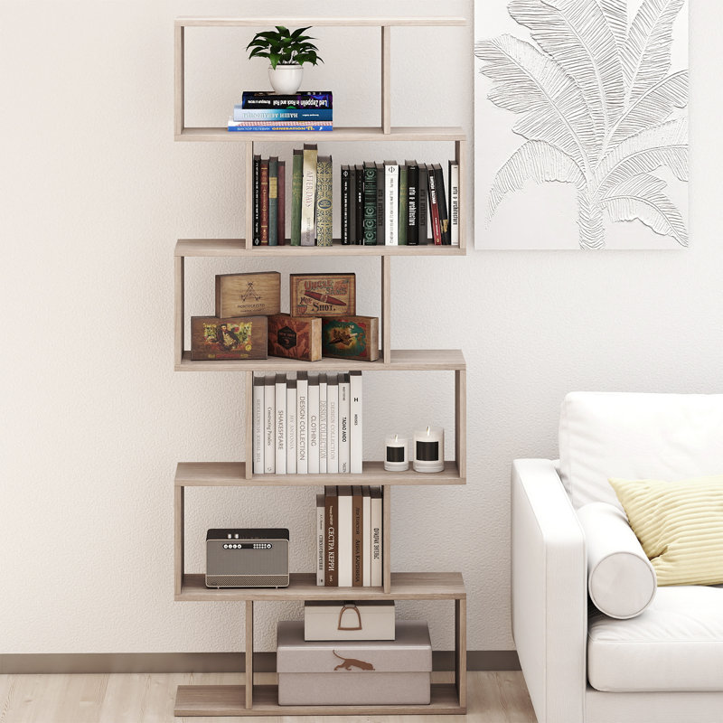 Bookcase Free Standing S-Shaped Style Bookshelf Multifunctional Decorative Shelving W/ Anti-Tipping Device, Grey